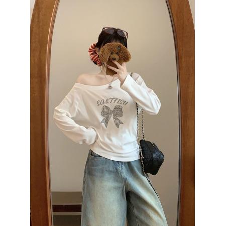 FA43831# 原版做法冰瓷棉纯棉拉架爽滑斜露肩长袖T恤女 服裝批發女裝批發服飾貨源