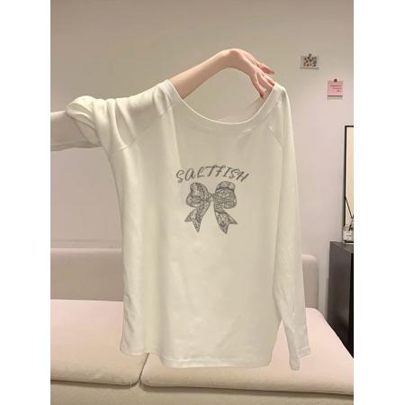 FA43831# 原版做法冰瓷棉纯棉拉架爽滑斜露肩长袖T恤女 服裝批發女裝批發服飾貨源