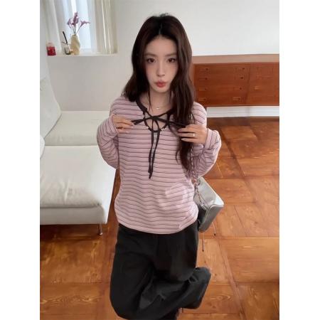 FA43832# 韩系粉色条纹长袖t恤女领口系带内搭打底衫宽松慵懒风上衣 服裝批發女裝批發服飾貨源