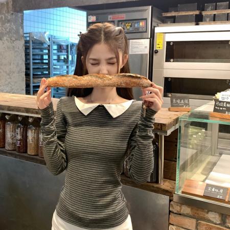 FA43833# 灰色条纹内搭打底针织衫女秋冬修身长袖上衣 服裝批發女裝批發服飾貨源