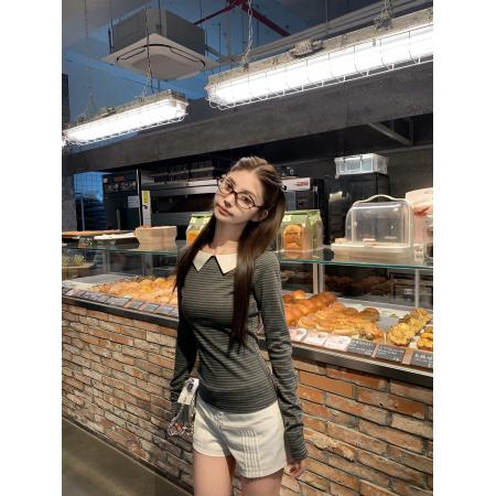 FA43833# 灰色条纹内搭打底针织衫女秋冬修身长袖上衣 服裝批發女裝批發服飾貨源