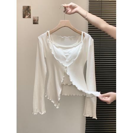 FA43839# 纯欲套装别致卷边针织开衫女秋季内搭纯色吊带背心两件套 服裝批發女裝批發服飾貨源