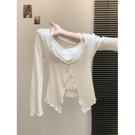 FA43839# 纯欲套装别致卷边针织开衫女秋季内搭纯色吊带背心两件套 服裝批發女裝批發服飾貨源