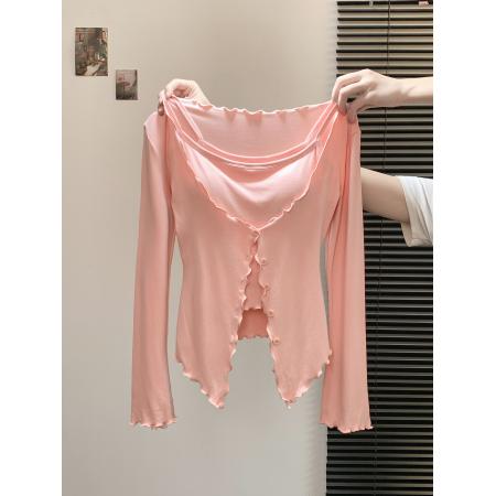 FA43839# 纯欲套装别致卷边针织开衫女秋季内搭纯色吊带背心两件套 服裝批發女裝批發服飾貨源