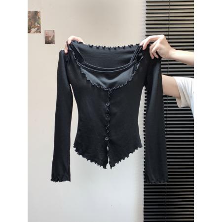 FA43839# 纯欲套装别致卷边针织开衫女秋季内搭纯色吊带背心两件套 服裝批發女裝批發服飾貨源