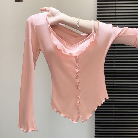 FA43839# 纯欲套装别致卷边针织开衫女秋季内搭纯色吊带背心两件套 服裝批發女裝批發服飾貨源