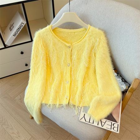 FA43840# 名媛风气质高级感流苏毛毛针织衫女秋小众设计宽松长袖单排扣 服裝批發女裝批發服飾貨源