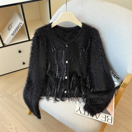 FA43840# 名媛风气质高级感流苏毛毛针织衫女秋小众设计宽松长袖单排扣 服裝批發女裝批發服飾貨源