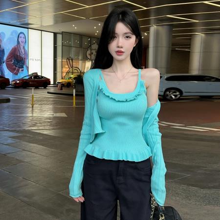 FA43841# 荷叶边吊带小背心褶皱下摆针织衫上衣短款披肩外套毛衣套装 服裝批發女裝批發服飾貨源