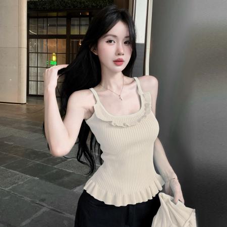 FA43841# 荷叶边吊带小背心褶皱下摆针织衫上衣短款披肩外套毛衣套装 服裝批發女裝批發服飾貨源