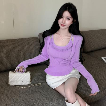 FA43841# 荷叶边吊带小背心褶皱下摆针织衫上衣短款披肩外套毛衣套装 服裝批發女裝批發服飾貨源