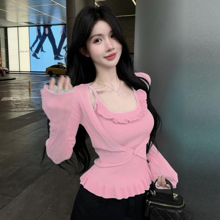 FA43841# 荷叶边吊带小背心褶皱下摆针织衫上衣短款披肩外套毛衣套装 服裝批發女裝批發服飾貨源