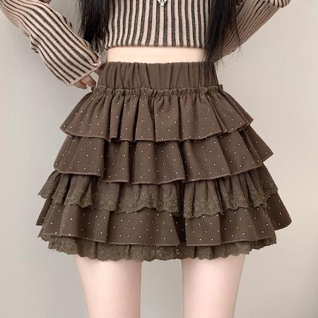 FA43843# 法式拼接蕾丝波点蓬蓬半身裙女秋冬新款设计感甜美蛋糕短裙 服裝批發女裝批發服飾貨源