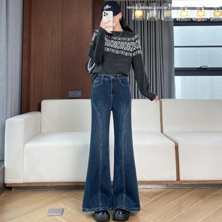 FA43844# 设计感微喇修身牛仔裤女秋冬新款高腰显瘦弹力百搭直筒长裤潮 服裝批發女裝批發服飾貨源