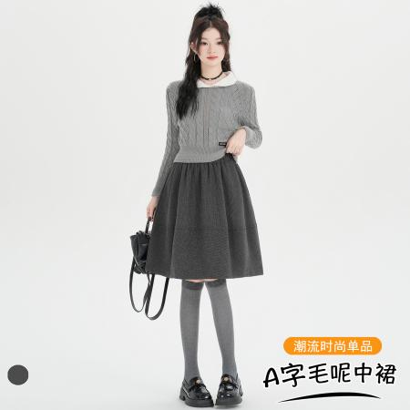 FA43847# 学院风蓬蓬毛呢格子中裙女秋冬新款高腰百搭A字半身裙 服裝批發女裝批發服飾貨源