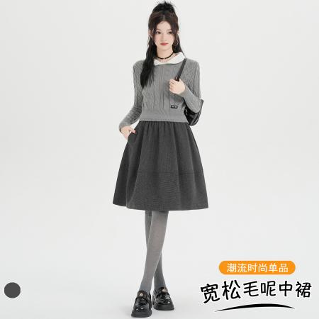 FA43847# 学院风蓬蓬毛呢格子中裙女秋冬新款高腰百搭A字半身裙 服裝批發女裝批發服飾貨源