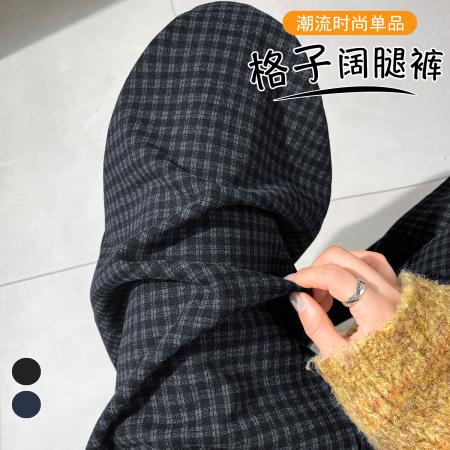 FA43849# 加厚格子毛呢八分阔腿裤秋冬新款宽松百搭显瘦休闲裤 服裝批發女裝批發服飾貨源