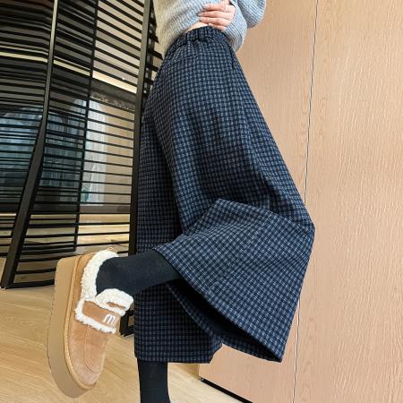 FA43849# 加厚格子毛呢八分阔腿裤秋冬新款宽松百搭显瘦休闲裤 服裝批發女裝批發服飾貨源