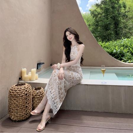 FA43854# 蕾丝拼接无袖挂脖连衣裙女夏季开叉收腰鱼尾裙子纯欲修身包臀长裙 服裝批發女裝批發服飾貨源