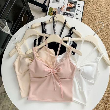 FA43857# 纯欲风蕾丝边绑带抽褶吊带小背心女装秋冬季紧身性感上衣内搭打底 服裝批發女裝批發服飾貨源