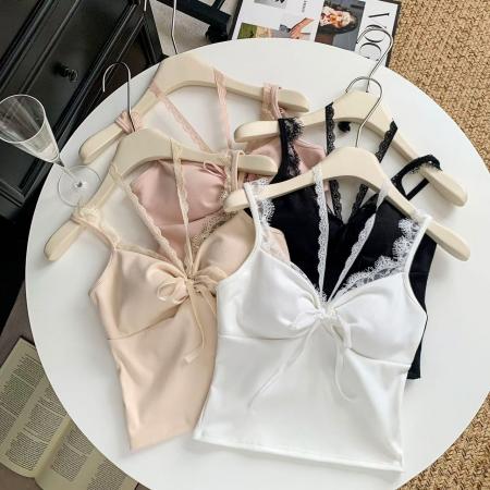 FA43857# 纯欲风蕾丝边绑带抽褶吊带小背心女装秋冬季紧身性感上衣内搭打底 服裝批發女裝批發服飾貨源