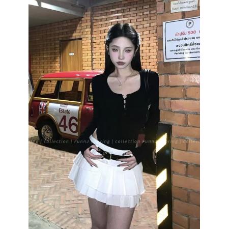 FA43858# 火龙果色V领长袖T恤女秋冬季性感辣妹修身纯欲内搭打底衫连体上衣 服裝批發女裝批發服飾貨源