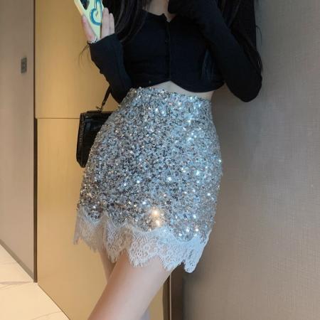 FA43860# 御姐范名媛气质辣妹亮片蕾丝拼接高腰半身裙女夏显瘦A字包臀短裙 服裝批發女裝批發服飾貨源
