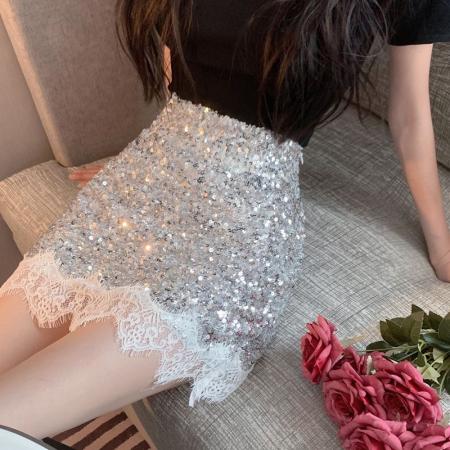 FA43860# 御姐范名媛气质辣妹亮片蕾丝拼接高腰半身裙女夏显瘦A字包臀短裙 服裝批發女裝批發服飾貨源