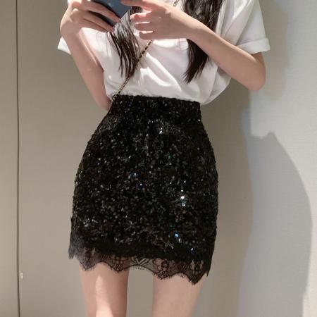 FA43860# 御姐范名媛气质辣妹亮片蕾丝拼接高腰半身裙女夏显瘦A字包臀短裙 服裝批發女裝批發服飾貨源
