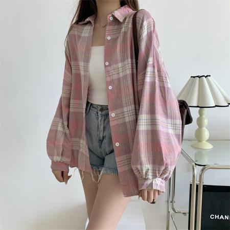 FA43864# 韩系高级设计感小众衬衣女春装复古港味百搭宽松格子衬衫 服裝批發女裝批發服飾貨源