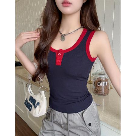 FA43867# 设计感拼接撞色吊带背心秋季新款显瘦辣妹无袖小上衣 服裝批發女裝批發服飾貨源