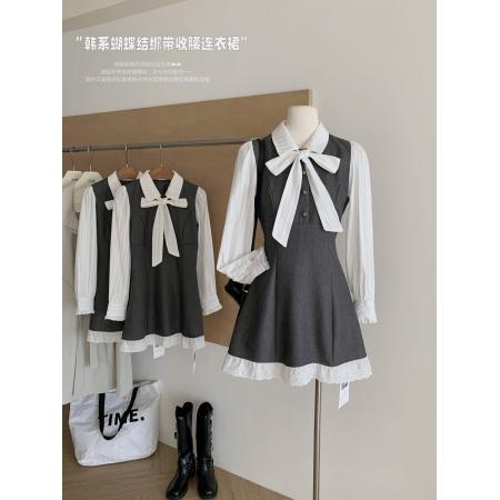 FA43872# 甜崽小鹿布蕾慕斯正版原创收腰A字裙秋通勤假两件长袖连衣裙 服裝批發女裝批發服飾貨源