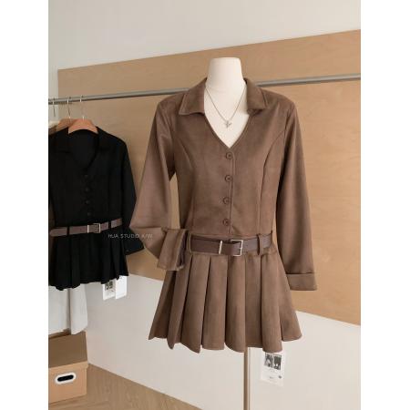 FA43875# 美式复古翻领长袖鹿皮绒连衣裙女秋冬新款收腰修身短裙配披肩腰带 服裝批發女裝批發服飾貨源