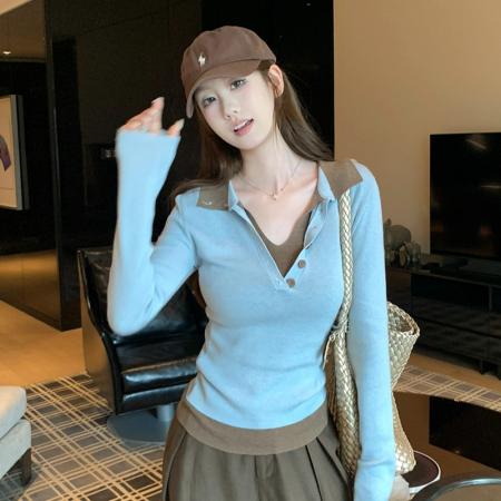 FA43878# 韩系Polo领假两件长袖针织上衣 服裝批發女裝批發服飾貨源
