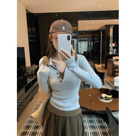 FA43878# 韩系Polo领假两件长袖针织上衣 服裝批發女裝批發服飾貨源