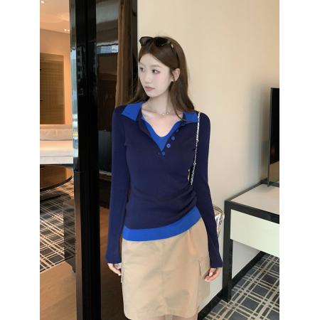 FA43878# 韩系Polo领假两件长袖针织上衣 服裝批發女裝批發服飾貨源