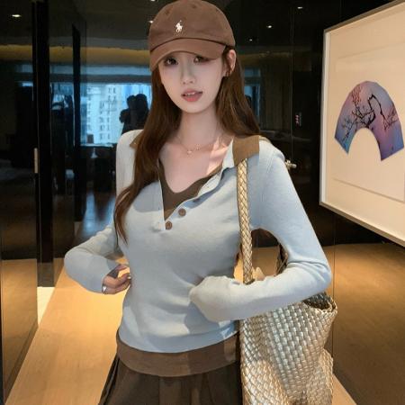 FA43878# 韩系Polo领假两件长袖针织上衣 服裝批發女裝批發服飾貨源