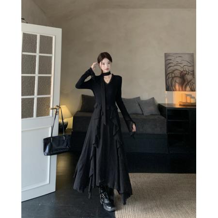 FA43879# 清冷高贵优雅V领灵动荷叶边连衣裙女设计感飘带气质修身显瘦长裙 服裝批發女裝批發服飾貨源
