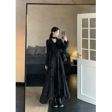 FA43879# 清冷高贵优雅V领灵动荷叶边连衣裙女设计感飘带气质修身显瘦长裙 服裝批發女裝批發服飾貨源