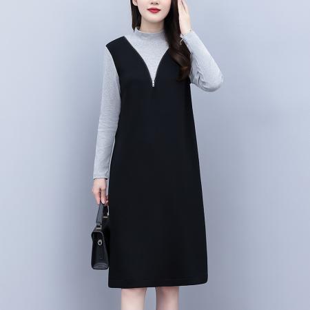 FA43888# 假两件套大码女装胖mm半高领休闲宽松显瘦长袖连衣裙子春秋季新款 服裝批發女裝批發服飾貨源