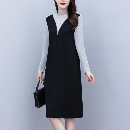 FA43888# 假两件套大码女装胖mm半高领休闲宽松显瘦长袖连衣裙子春秋季新款 服裝批發女裝批發服飾貨源