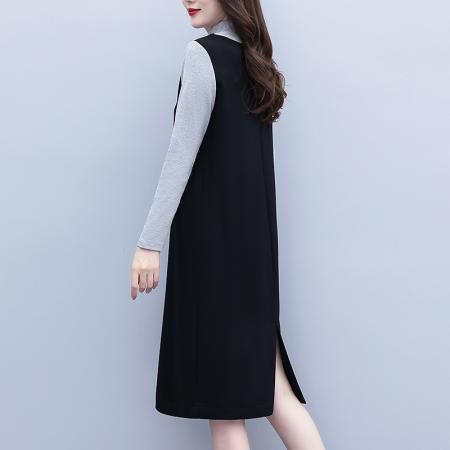 FA43888# 假两件套大码女装胖mm半高领休闲宽松显瘦长袖连衣裙子春秋季新款 服裝批發女裝批發服飾貨源