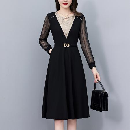 FA43889# 假两件套亮片修身中长款大码女装胖mm胖妹妹时尚洋气长袖连衣裙春 服裝批發女裝批發服飾貨源