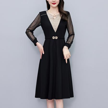 FA43889# 假两件套亮片修身中长款大码女装胖mm胖妹妹时尚洋气长袖连衣裙春 服裝批發女裝批發服飾貨源