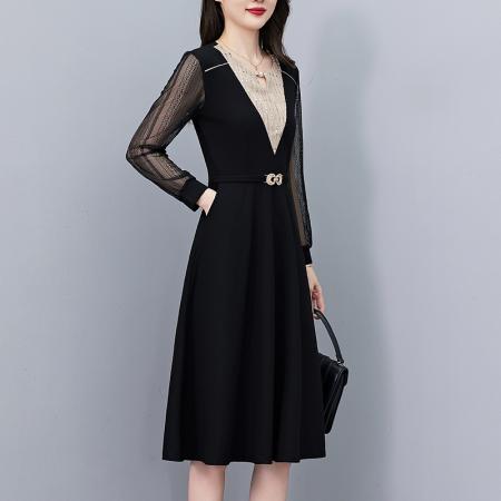 FA43889# 假两件套亮片修身中长款大码女装胖mm胖妹妹时尚洋气长袖连衣裙春 服裝批發女裝批發服飾貨源