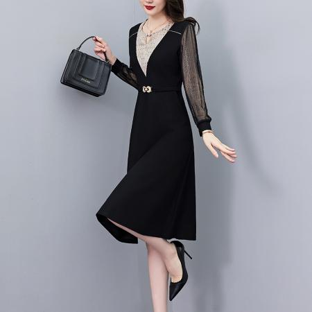 FA43889# 假两件套亮片修身中长款大码女装胖mm胖妹妹时尚洋气长袖连衣裙春 服裝批發女裝批發服飾貨源