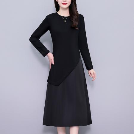 FA43891# 宽松显瘦黑色气质大码女装胖mm长袖连衣裙春秋季新款阔太太装 服裝批發女裝批發服飾貨源