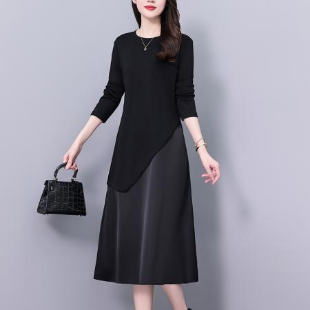 FA43891# 宽松显瘦黑色气质大码女装胖mm长袖连衣裙春秋季新款阔太太装 服裝批發女裝批發服飾貨源