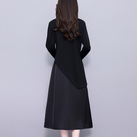 FA43891# 宽松显瘦黑色气质大码女装胖mm长袖连衣裙春秋季新款阔太太装 服裝批發女裝批發服飾貨源