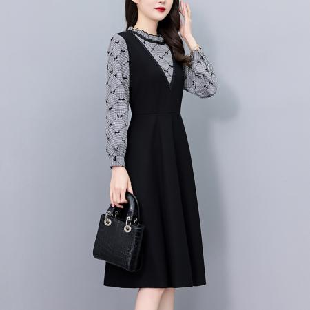 FA43892# 千鸟格印花植绒假两件套大码女装胖mm修身中长款春秋季新款连衣裙 服裝批發女裝批發服飾貨源